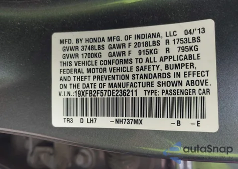 2013 Honda Civic Lx из США, поврежденный, VIN 19XFB2F57DE236211